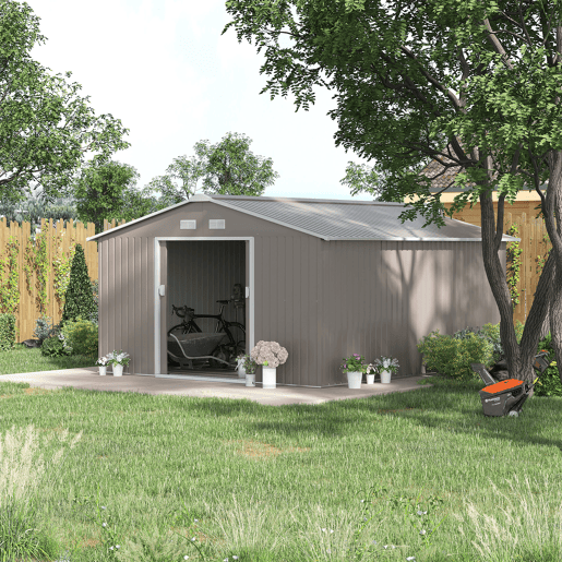 Outsunny Casota de Jardim Exterior, 12,4 m² 340x386x200 cm Abrigo de Jardim Metálico com Portas Duplas com Fechadura, Kit de Fundação e Ventilação para Armazenamento de Bicicletas Cinzento Claro