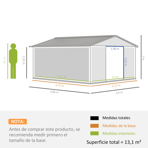 Outsunny Casota de Jardim Exterior, 12,4 m² 340x386x200 cm Abrigo de Jardim Metálico com Portas Duplas com Fechadura, Kit de Fundação e Ventilação para Armazenamento de Bicicletas Cinzento Claro