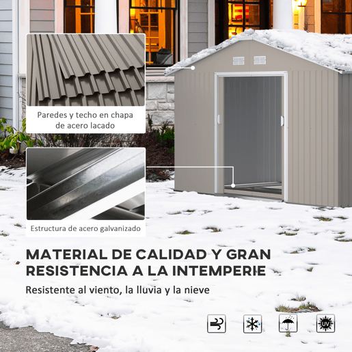 Outsunny Casota de Jardim Exterior, 12,4 m² 340x386x200 cm Abrigo de Jardim Metálico com Portas Duplas com Fechadura, Kit de Fundação e Ventilação para Armazenamento de Bicicletas Cinzento Claro
