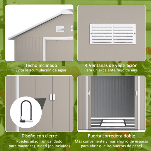 Outsunny Casota de Jardim Exterior, 12,4 m² 340x386x200 cm Abrigo de Jardim Metálico com Portas Duplas com Fechadura, Kit de Fundação e Ventilação para Armazenamento de Bicicletas Cinzento Claro