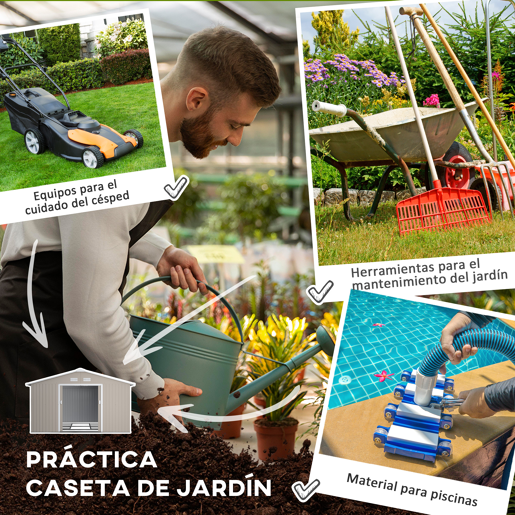 Outsunny Casota de Jardim Exterior, 12,4 m² 340x386x200 cm Abrigo de Jardim Metálico com Portas Duplas com Fechadura, Kit de Fundação e Ventilação para Armazenamento de Bicicletas Cinzento Claro