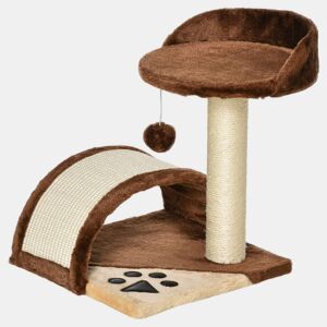 PawHut Árvore Arranhador para Gatos Pequena Altura 46 cm de 2 Níveis com Poste e Tapete de Arranhar Cama e Bola Suspensa 35,5x37x46 cm Marrom