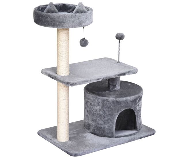 Pawhut árbol rascador para gatos 81 cm torre para gatos medianos con cama plataforma refugio poste de sisal y bolas de juguete 60x40x81 cm gris
