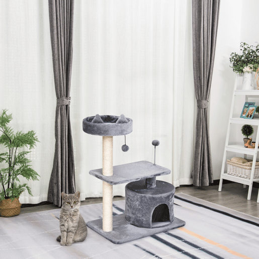 PawHut Arranhador para Gatos 81 cm Torre para Gatos Médios com Cama Plataforma Caverna Poste de Sisal e Bolas de Brinquedo 60x40x81 cm Cinza