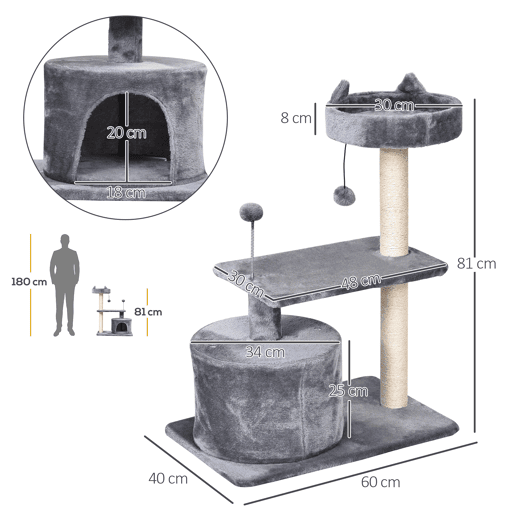 PawHut Arranhador para Gatos 81 cm Torre para Gatos Médios com Cama Plataforma Caverna Poste de Sisal e Bolas de Brinquedo 60x40x81 cm Cinza