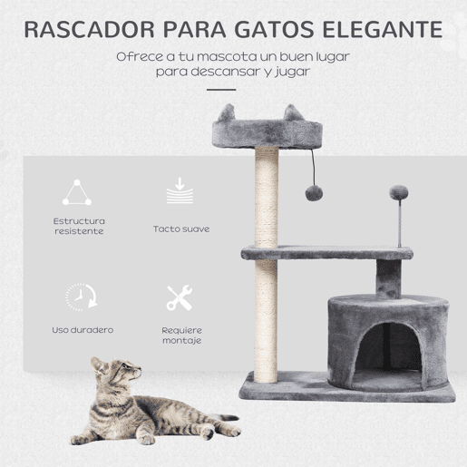 PawHut Arranhador para Gatos 81 cm Torre para Gatos Médios com Cama Plataforma Caverna Poste de Sisal e Bolas de Brinquedo 60x40x81 cm Cinza
