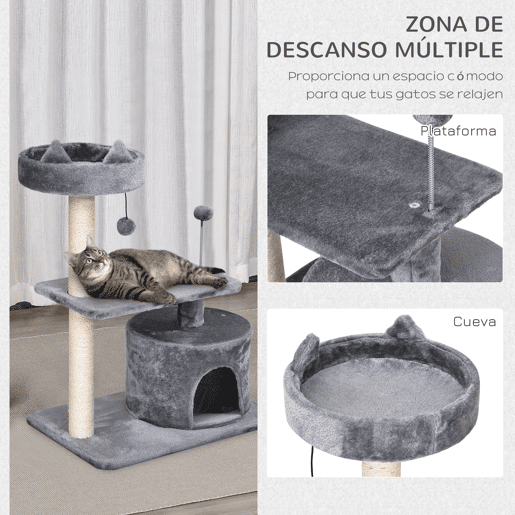 PawHut Arranhador para Gatos 81 cm Torre para Gatos Médios com Cama Plataforma Caverna Poste de Sisal e Bolas de Brinquedo 60x40x81 cm Cinza