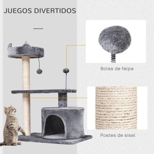 PawHut Arranhador para Gatos 81 cm Torre para Gatos Médios com Cama Plataforma Caverna Poste de Sisal e Bolas de Brinquedo 60x40x81 cm Cinza