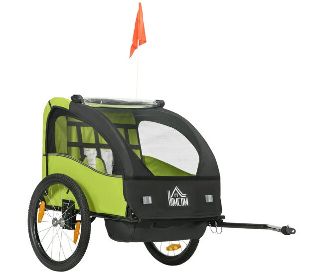 Homcom remolque de bicicleta para niños +18 meses cochecito para transporte de 2 plazas con cinturón de seguridad espacio de almacenamiento y sistema de amortiguador 140x88x90 cm verde