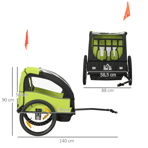 HOMCOM Reboque de Bicicleta para Crianças acima de 18 Meses Reboque de Bicicleta com 2 Lugares com Cinto de Segurança Espaço de Armazenamento e Sistema de Amortecimento 140x88x90 cm Verde