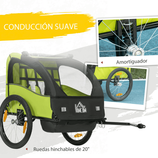 HOMCOM Reboque de Bicicleta para Crianças acima de 18 Meses Reboque de Bicicleta com 2 Lugares com Cinto de Segurança Espaço de Armazenamento e Sistema de Amortecimento 140x88x90 cm Verde