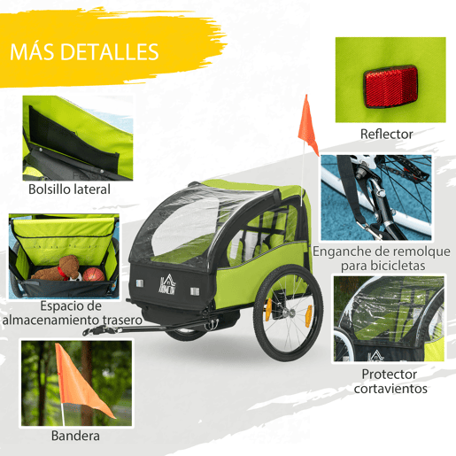 HOMCOM Reboque de Bicicleta para Crianças acima de 18 Meses Reboque de Bicicleta com 2 Lugares com Cinto de Segurança Espaço de Armazenamento e Sistema de Amortecimento 140x88x90 cm Verde