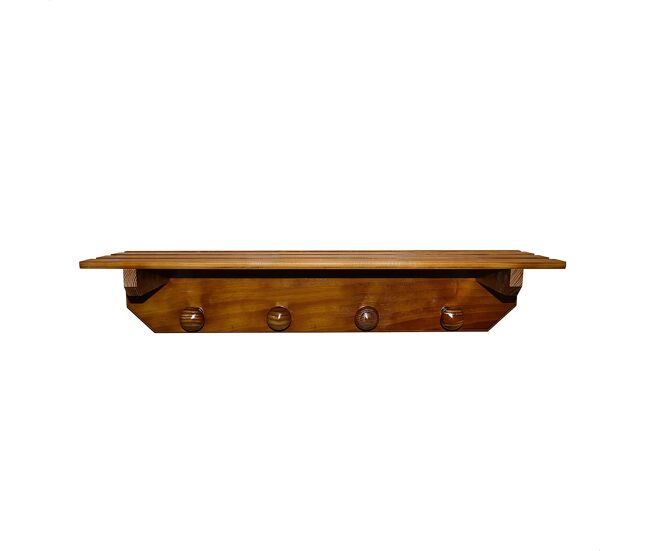 Colgador y estante 4 pomos en madera, acabado nogal, 55x22x16 cm