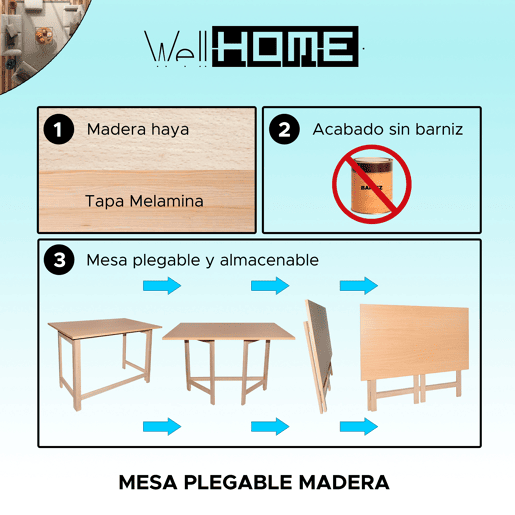 Tampa da mesa dobrável de madeira, com acabamento sem verniz, L.100 x F.60 x H.75