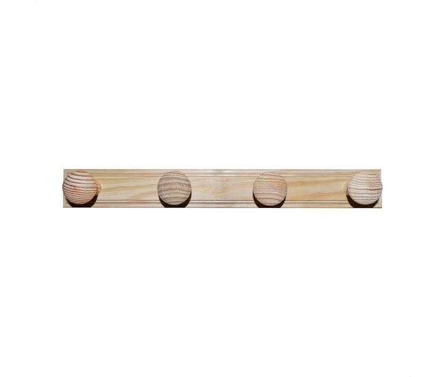 Colgador 4 pomos en madera, acabado sin barniz, 48x9x6 cm