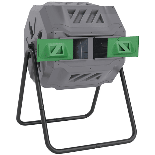 Outsunny Compostor de Tambor Giratório com Capacidade 160L de Dupla Câmara e Ventilação Estrutura de Aço para Resíduos Orgânicos de Jardim 71x65x96 cm Cinza e Verde