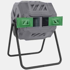Outsunny Compostor de Tambor Giratório com Capacidade 160L de Dupla Câmara e Ventilação Estrutura de Aço para Resíduos Orgânicos de Jardim 71x65x96 cm Cinza e Verde