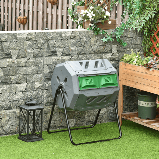 Outsunny Compostor de Tambor Giratório com Capacidade 160L de Dupla Câmara e Ventilação Estrutura de Aço para Resíduos Orgânicos de Jardim 71x65x96 cm Cinza e Verde