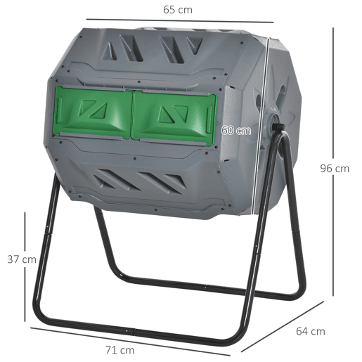 Outsunny Compostor de Tambor Giratório com Capacidade 160L de Dupla Câmara e Ventilação Estrutura de Aço para Resíduos Orgânicos de Jardim 71x65x96 cm Cinza e Verde