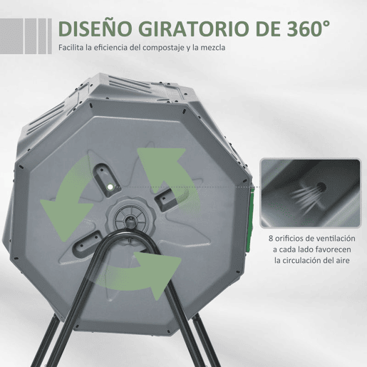 Outsunny Compostor de Tambor Giratório com Capacidade 160L de Dupla Câmara e Ventilação Estrutura de Aço para Resíduos Orgânicos de Jardim 71x65x96 cm Cinza e Verde