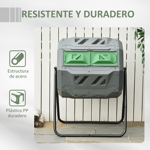 Outsunny Compostor de Tambor Giratório com Capacidade 160L de Dupla Câmara e Ventilação Estrutura de Aço para Resíduos Orgânicos de Jardim 71x65x96 cm Cinza e Verde