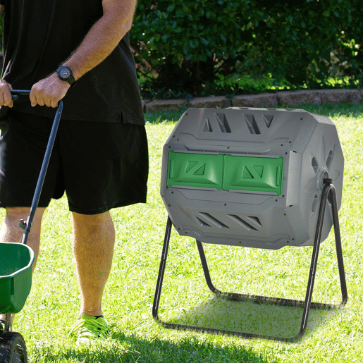 Outsunny Compostor de Tambor Giratório com Capacidade 160L de Dupla Câmara e Ventilação Estrutura de Aço para Resíduos Orgânicos de Jardim 71x65x96 cm Cinza e Verde