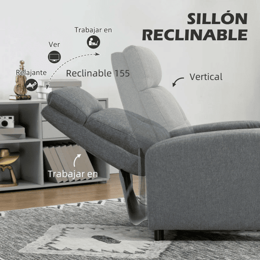 HOMCOM Poltrona Relax Reclinável até 155° Poltrona Reclinável Manual Estofado em Tecido Carga Máxima 150 kg para Pessoas com Altura Inferior 195 cm 67x87x98 cm Cinza