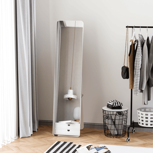 HOMCOM Espelho de Pé de Corpo Inteiro Retangular Espelho de Parede com 2 Formas de Uso Moldura de Madeira de Pinho Moderna para Corredor Quarto Sala de Estar 37x43x156 cm Branco