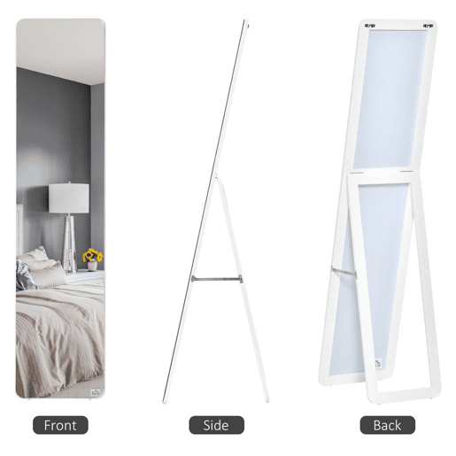 HOMCOM Espelho de Pé de Corpo Inteiro Retangular Espelho de Parede com 2 Formas de Uso Moldura de Madeira de Pinho Moderna para Corredor Quarto Sala de Estar 37x43x156 cm Branco