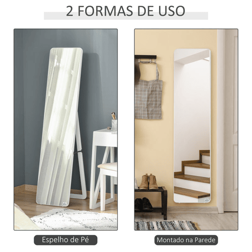 HOMCOM Espelho de Pé de Corpo Inteiro Retangular Espelho de Parede com 2 Formas de Uso Moldura de Madeira de Pinho Moderna para Corredor Quarto Sala de Estar 37x43x156 cm Branco
