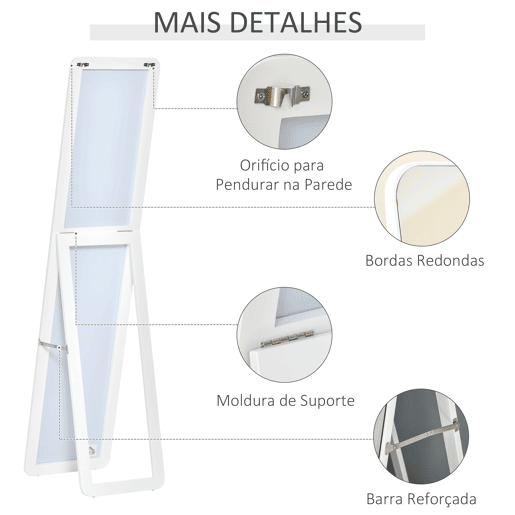 HOMCOM Espelho de Pé de Corpo Inteiro Retangular Espelho de Parede com 2 Formas de Uso Moldura de Madeira de Pinho Moderna para Corredor Quarto Sala de Estar 37x43x156 cm Branco