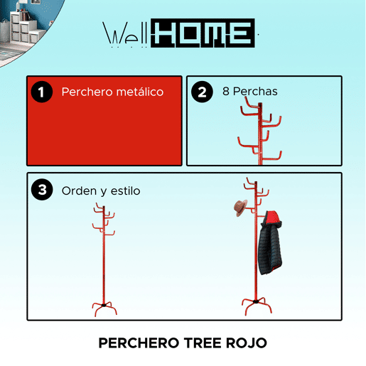 Bengaleiro metálico em forma de árvore vermelha com 8 cabides, 50x50x183 cm