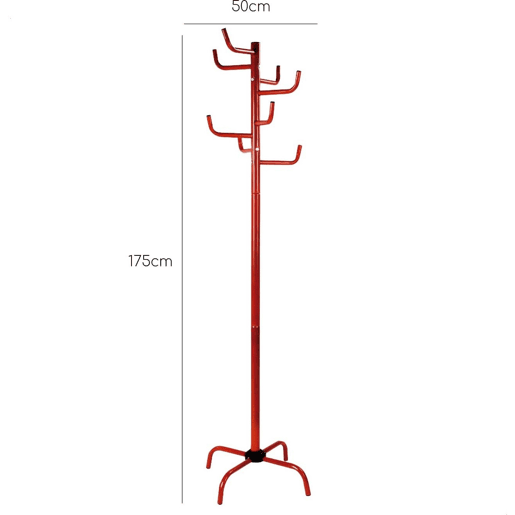 Bengaleiro metálico em forma de árvore vermelha com 8 cabides, 50x50x183 cm