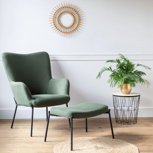 Sillón de tejido bouclé tela verde caqui con reposapiés EIRA