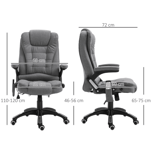 Vinsetto Cadeira de Massagem com 6 Pontos de Massagem Cadeira de Escritório Reclinável até 130° com Função de Aquecimento Altura Ajustável e Rodas para Estúdio 68x72x110-120 cm Cinza