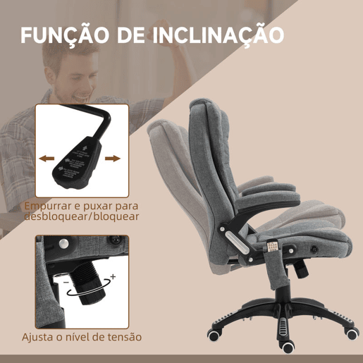Vinsetto Cadeira de Massagem com 6 Pontos de Massagem Cadeira de Escritório Reclinável até 130° com Função de Aquecimento Altura Ajustável e Rodas para Estúdio 68x72x110-120 cm Cinza