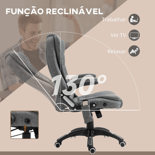 Vinsetto Cadeira de Massagem com 6 Pontos de Massagem Cadeira de Escritório Reclinável até 130° com Função de Aquecimento Altura Ajustável e Rodas para Estúdio 68x72x110-120 cm Cinza