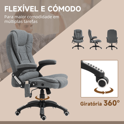 Vinsetto Cadeira de Massagem com 6 Pontos de Massagem Cadeira de Escritório Reclinável até 130° com Função de Aquecimento Altura Ajustável e Rodas para Estúdio 68x72x110-120 cm Cinza