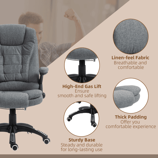 Vinsetto Cadeira de Massagem com 6 Pontos de Massagem Cadeira de Escritório Reclinável até 130° com Função de Aquecimento Altura Ajustável e Rodas para Estúdio 68x72x110-120 cm Cinza