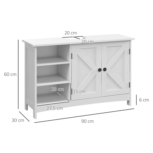 kleankin Móvel para Lavatório Pousar de Madeira Móvel para Lavatório com 1 Armário 3 Prateleiras Abertas e Prateleira Ajustável Estilo Moderno Carga Máxima 31 kg 90x30x60 cm Branco