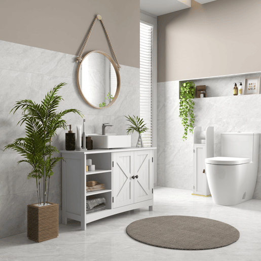 kleankin Móvel para Lavatório Pousar de Madeira Móvel para Lavatório com 1 Armário 3 Prateleiras Abertas e Prateleira Ajustável Estilo Moderno Carga Máxima 31 kg 90x30x60 cm Branco