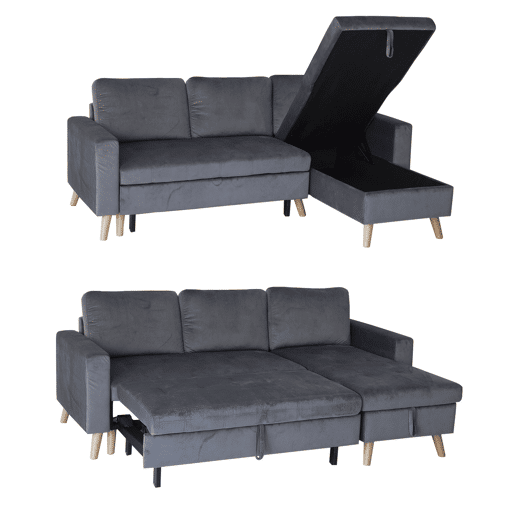 Sofá convertible JAMES 3 plazas en terciopelo gris