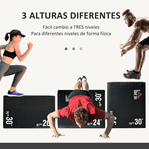 HOMCOM Caixa Pliometria com Fecho de Correr Caixa de Salto com 3 Diferentes Alturas Carga Máxima 120 kg para Casa Escritório Ginásio 75x51x61 cm Preto