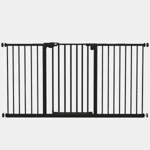 PawHut Barreira de Segurança Extensível para Portas e Escadas Barreira de Segurança Cães com Fechamento Automático e Sistema de Duplo Bloqueio Metal 74-147,5x76,2 cm Preto