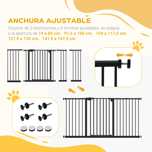 PawHut Barreira de Segurança Extensível para Portas e Escadas Barreira de Segurança Cães com Fechamento Automático e Sistema de Duplo Bloqueio Metal 74-147,5x76,2 cm Preto PawHut Barreira de Segurança Extensível para Portas e Escadas Barreira de Segurança Cães com Fechamento Automático e Sistema de Duplo Bloqueio Metal 74-147,5x76,2 cm Preto