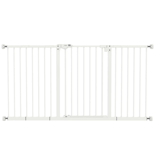 PawHut Barreira de Segurança Extensível para Portas e Escadas Barreira de Segurança Cães com Fechamento Automático e Sistema de Duplo Bloqueio Metal 74-147,5x76,2 cm Branco