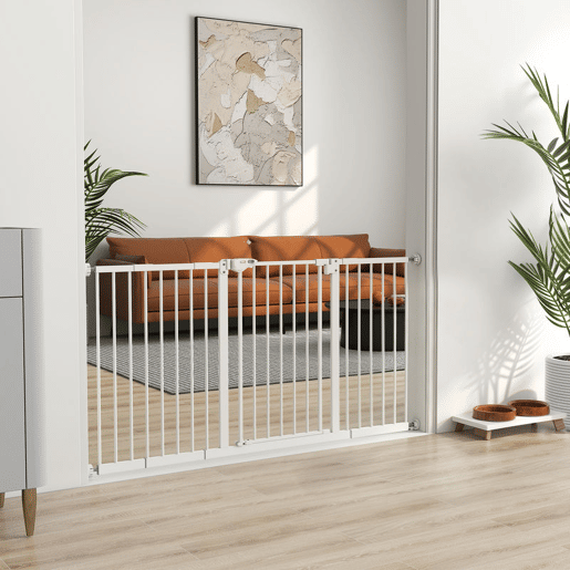 PawHut Barreira de Segurança Extensível para Portas e Escadas Barreira de Segurança Cães com Fechamento Automático e Sistema de Duplo Bloqueio Metal 74-147,5x76,2 cm Branco