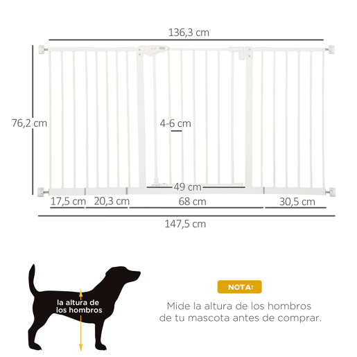PawHut Barreira de Segurança Extensível para Portas e Escadas Barreira de Segurança Cães com Fechamento Automático e Sistema de Duplo Bloqueio Metal 74-147,5x76,2 cm Branco