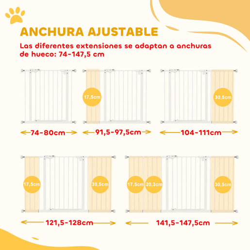 PawHut Barreira de Segurança Extensível para Portas e Escadas Barreira de Segurança Cães com Fechamento Automático e Sistema de Duplo Bloqueio Metal 74-147,5x76,2 cm Branco