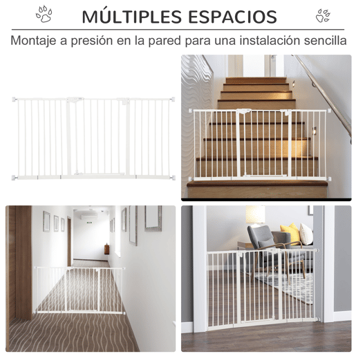 PawHut Barreira de Segurança Extensível para Portas e Escadas Barreira de Segurança Cães com Fechamento Automático e Sistema de Duplo Bloqueio Metal 74-147,5x76,2 cm Branco